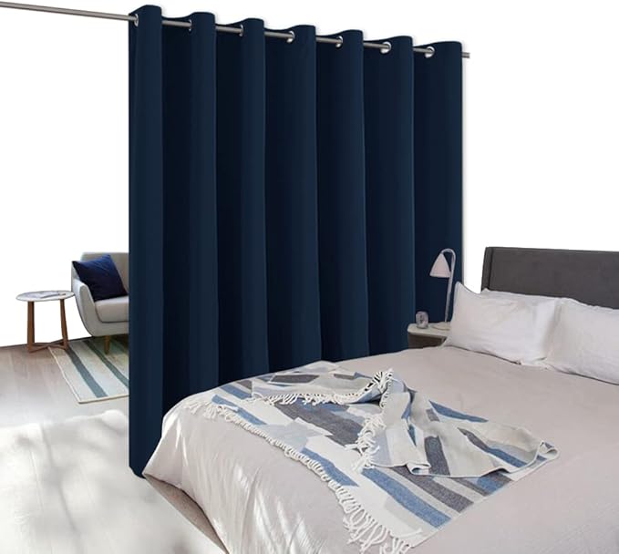 NICETOWN Large Room Separating Divider, Room Divider Curtain Screen Partition, Function Thermal Blackout Noise Reducing Curtain, Sliding Door Insulated Curtain for Patio, Navy, 12.5ft Wide x 9ft Long