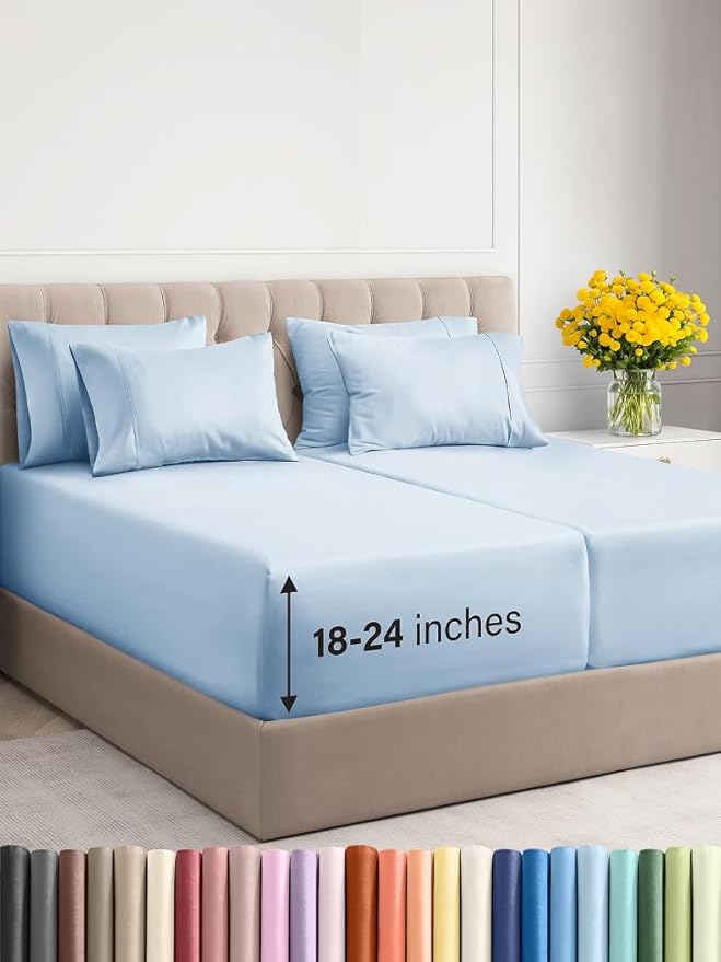 Extra Deep Split King Sheet Set - 7 Piece Breathable and Cooling Sheets - Hotel Luxury Bed Sheets Set - Easy Fit - Soft, Wrinkle Free and Comfy Sheets Set - Sky Blue Sheet Set with Extra Deep Pockets