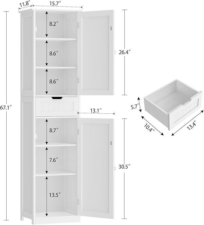 Iwell 67" Tall Bathroom Cabinet, Storage Cabinet with 2 Doors & 1 Drawer, Bathroom Storage Cabinets with Adjustable Shelves, for Living Room, Entryway, Home Office, White