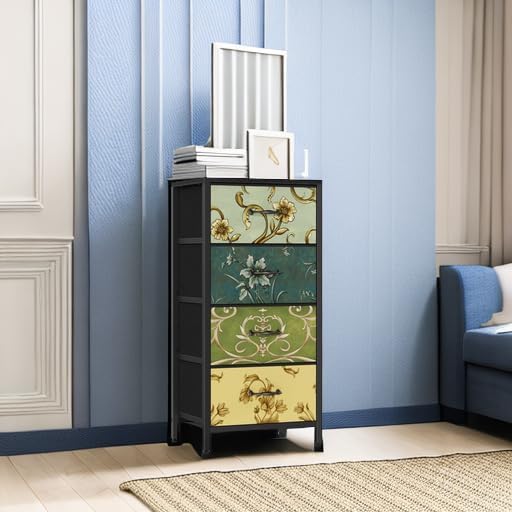 Furnulem 4 Drawer Dresser, Vertical Nightstand for Kids, Adult, Fabric Chest of Drawers for Bedroom, Living Room, Closet, Nusery, Storage Tower Unit Retro Style Furniture, Wood Desk Top