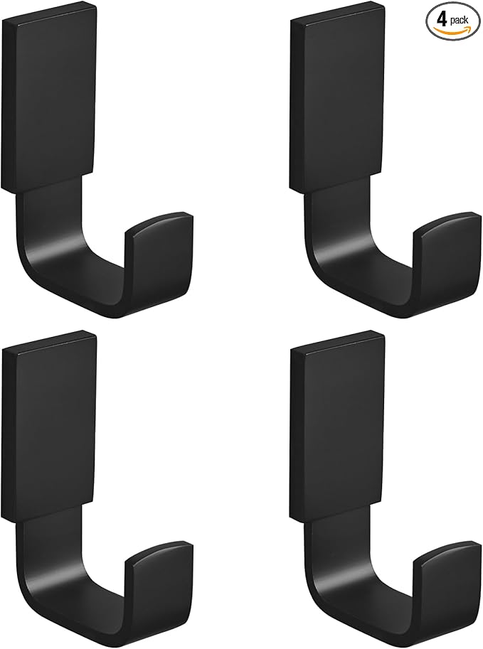 BESy Brass Clothes Hook Single Towel Hook for Bathroom Kitchen Garage Square Style Robe Hooks Coat Hooks Hat Hook, Self Adhesive with Glue or Wall Mounted with Screws, Four Packs, Matte Black