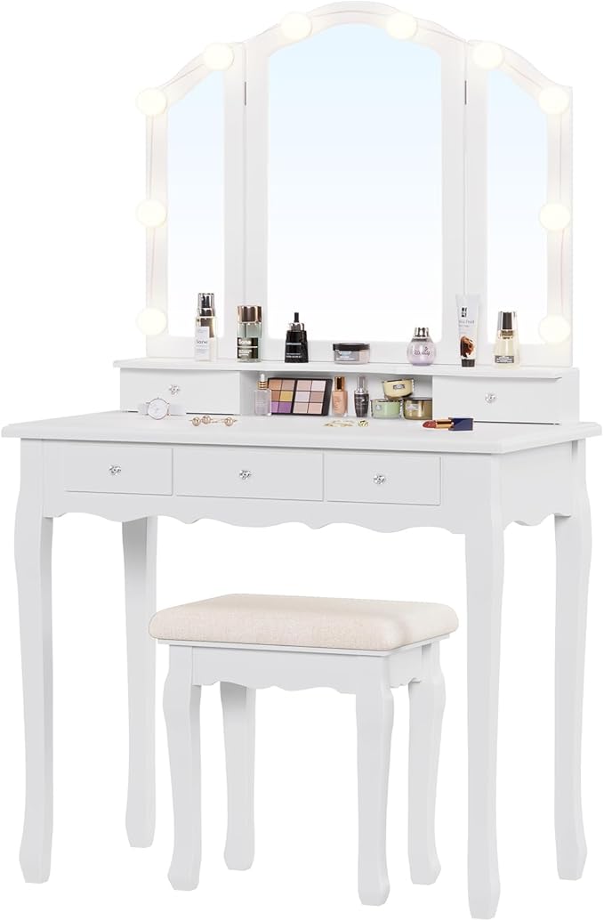 Tiptiper Vanity Table Set with Lighted Tri-Folding Mirror, Makeup Vanity with Lights & 3 Color Lighting Modes, Vanity Desk with Mirror and Cushioned Stool, Makeup Table with 5 Drawers, White