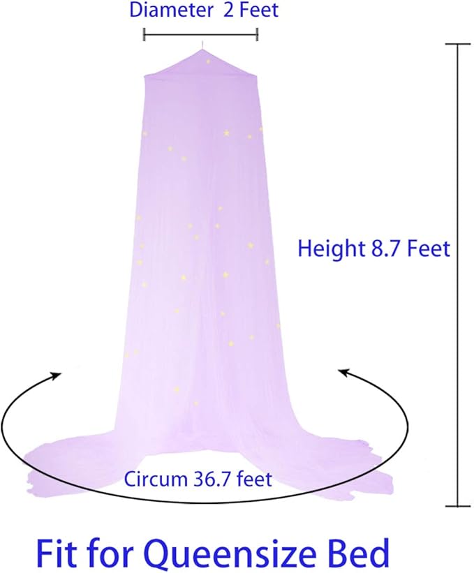 BCBYou Mosquito Net with Fluorescent Stars Glow in Dark for Baby, Kids, and Adults, for Covering Crib, Kid, Girls or Full Size Bed (Purple)