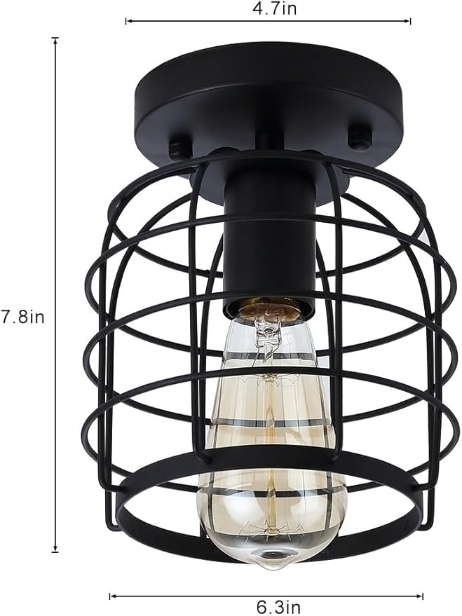 Create For Life® Industrial Vintage Flush Mount Ceiling Light,Rustic Metal Cage Semi Flush Mount Ceiling Lamp Fixture for Hallway Stairway Kitchen Garage, E26, Black Finish,2 Pack