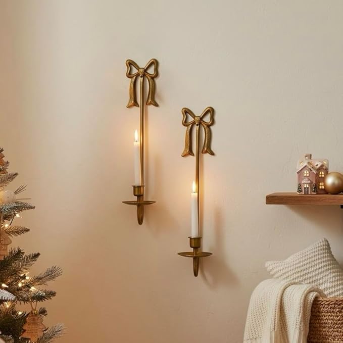 Metal Wall Candle Sconce Holders, Set of 2, Gold, Modern Bow Design, Wall Mount Taper Candle Holders for Living Room, Farmhouse, Wedding Decor