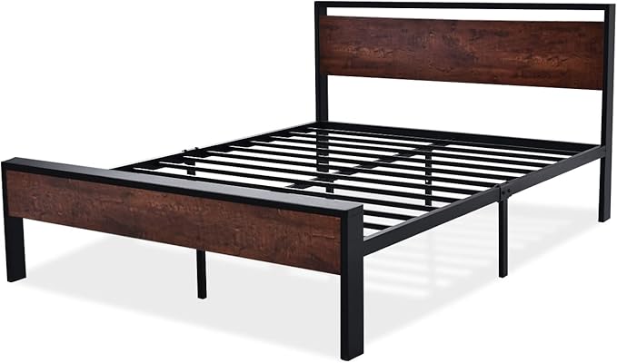 SHA CERLIN 14 Inch Full Size Metal Platform Bed Frame with Wooden Headboard and Footboard, Mattress Foundation, No Box Spring Needed, Large Under Bed Storage, Non-Slip Without Noise, Mahogany