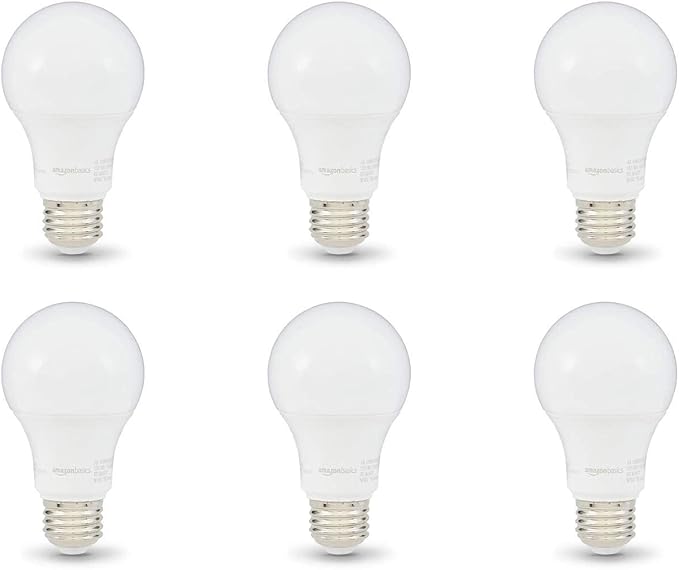 Amazon Basics A19 LED Light Bulbs, 60 Watt Equivalent, Energy Efficient 9W, E26 Standard Base, Daylight White 5000K, Dimmable, 10,000 Hour Lifetime , 6-Pack