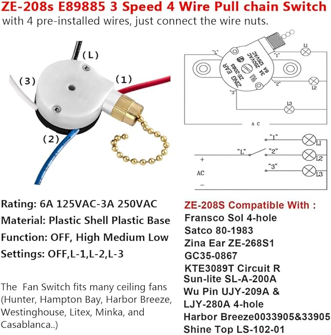 Ceiling Fan Switch Zing Ear ZE-208s E89885 3 Speed 4 Wire Pull Chain Switch Fan Light Switch Replacement Part with 4 Pre-Installed Wires(Brass Chain)