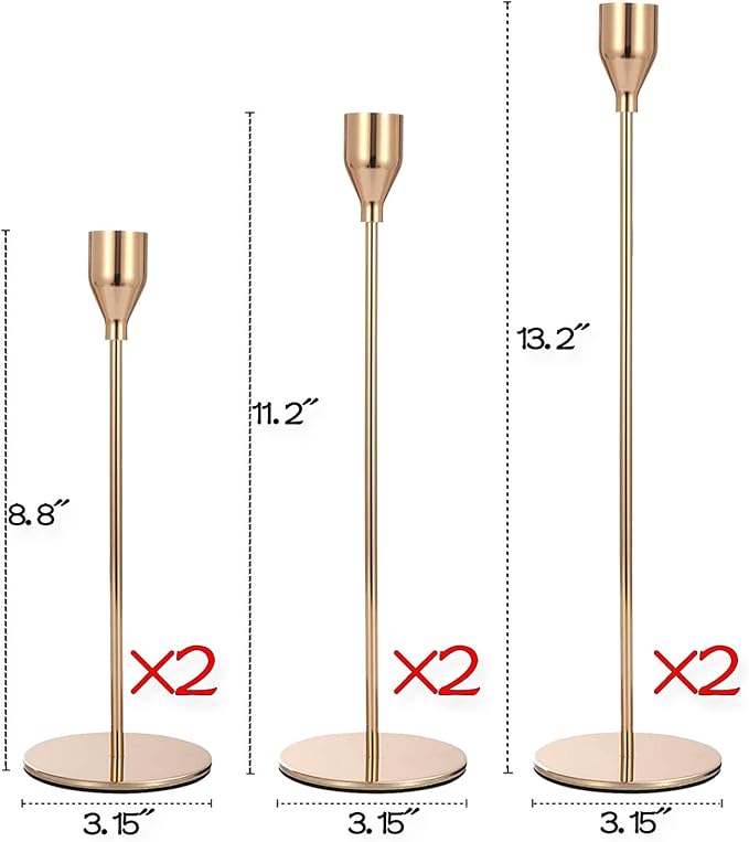 Gold Taper Candle Holder Set of 6, Brass Gold Tall Candlestick Holders, Metal Vintage Candle Stickers Long Holder Set, Pillar Decorative Candle Holder Fits 3/4 Inch Candle