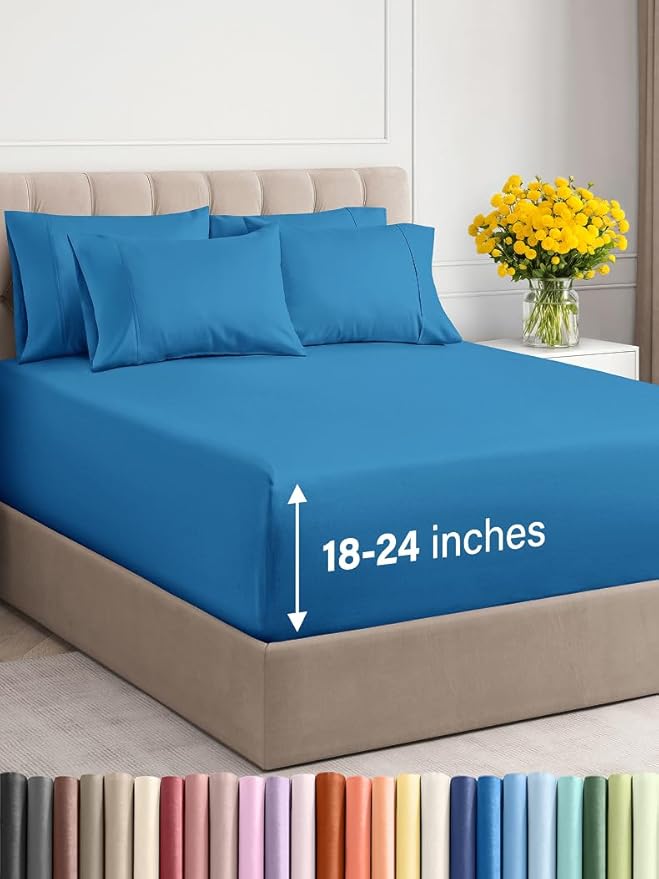 Extra Deep Full Sheet Set - 6 Piece Breathable & Cooling Sheets - Hotel Luxury Bed Sheets Set - Easy & Secure Fit - Soft, Wrinkle Free & Comfy Sheets Set - Denim Blue Sheet Set with Extra Deep Pockets