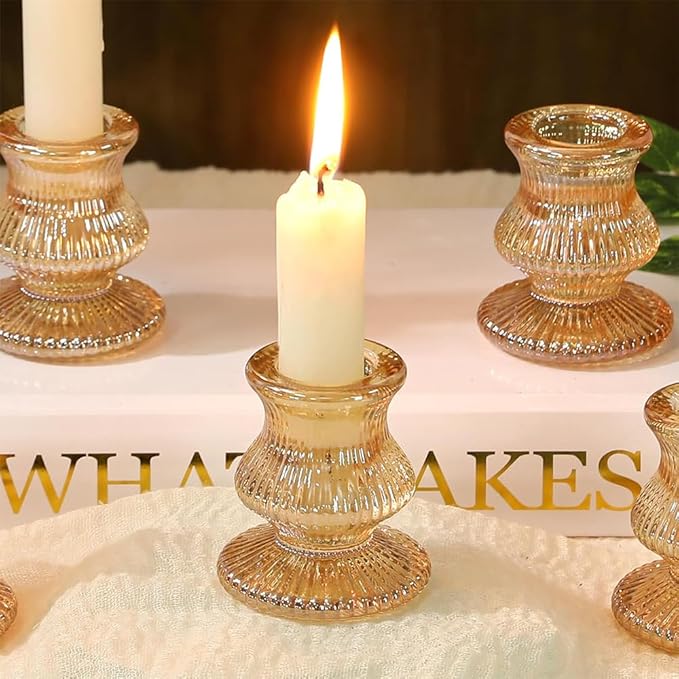 Glass Candlestick Holders Set of 6, Taper Candle Holder for Wedding Festival Christmas Party Valentine's Decor, Table Centerpieces (Amber)