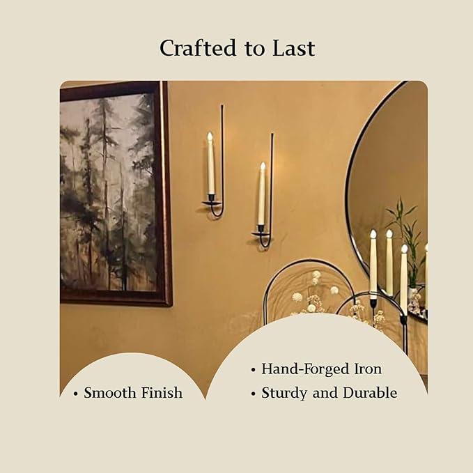 Black Wall Candle Holder Set of 4, Stylish Metal Wall Mount Candle Sconces, Modern Christmas Wall Decor for Living Room, Dining Room, Fireplace, and Farmhouse