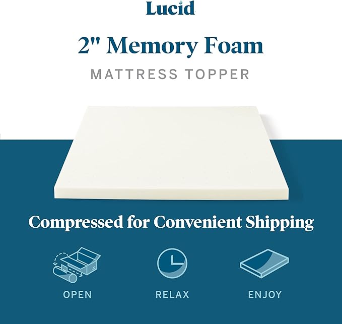 LUCID 2 Inch Traditional Foam Mattress Topper - Hypoallergenic - Ventilated - Conforming Support - Queen