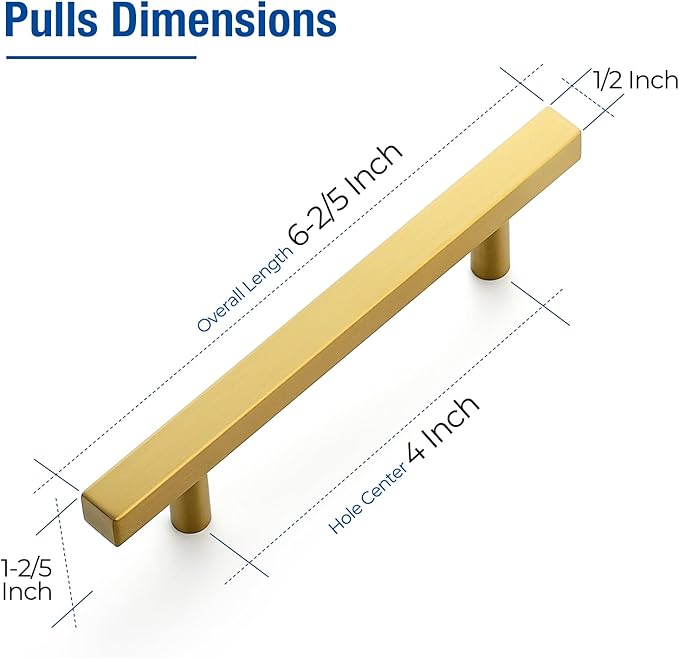 JOY DECOR 10 Pack 4 Inch Brushed Brass Square Cabinet Handles Stainless Steel Cabinet Hardware Pulls for Kitchen and Drawers with 6-2/5 Inch Overall Length