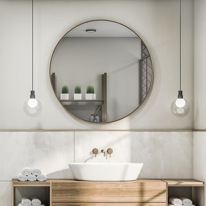 ANDY STAR 26 Inch Round Mirror, Brass Bathroom Mirror, Gold Circle Mirror with Stainless Steel Frame for Bathroom, Vanity, Living Room, Entryway