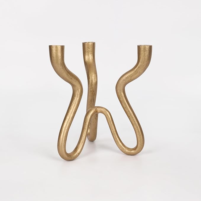 Triple Candle Holder Candelabra - Cast Iron Metal Taper Candlestick Stand with Antique Brass Finish - Elegant Wedding Centerpiece for Home, Dining, Event Decor