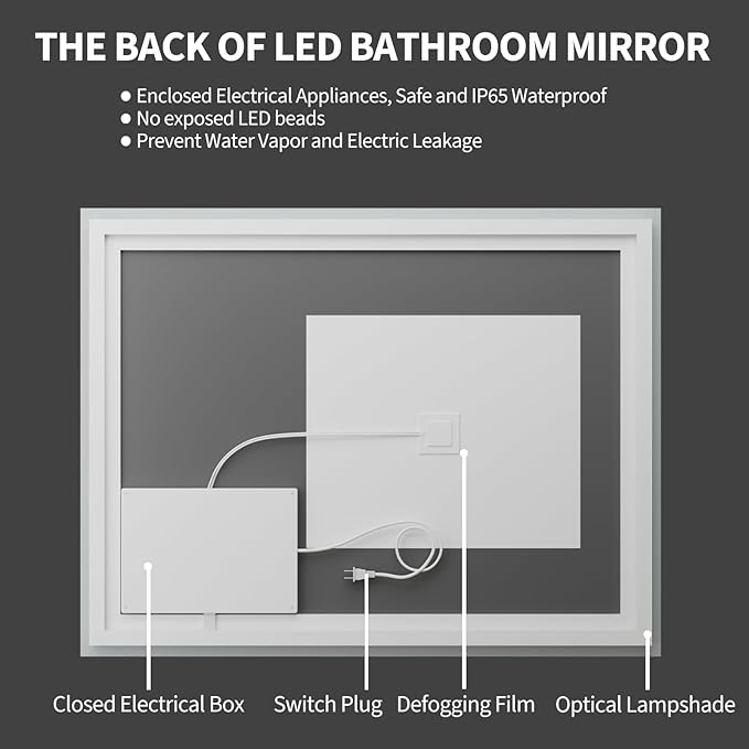 Koonmi 36x55 LED Bathroom Mirror, Backlit + Front Lit, LED Bathroom Mirror with Lights for Wall, 3 Colors, Anti-Fog, Dimmable Brightness, Memory Function, Tempered Glass
