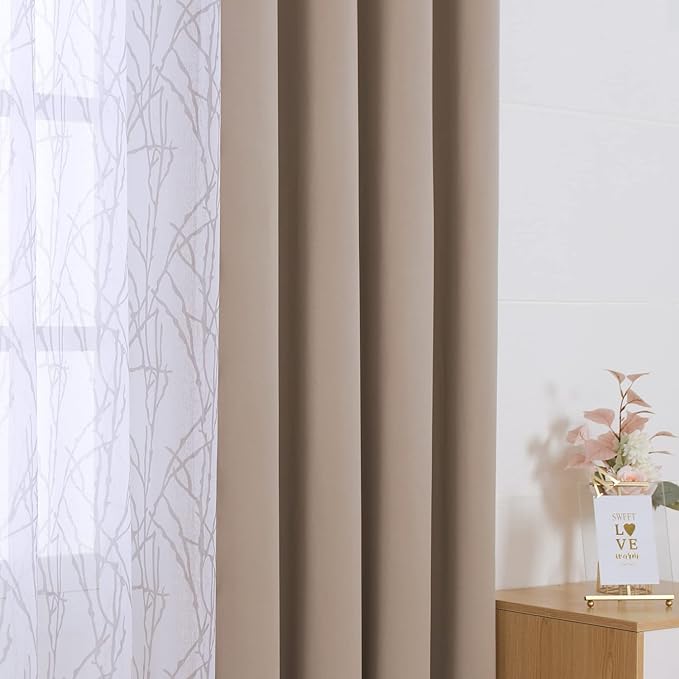BONZER Mix and Match Curtains - 2 Pieces Branch Print Sheer Curtains and 2 Pieces Blackout Curtains for Bedroom Living Room Grommet Window Drapes, 37x63 Inch/Panel, Taupe, Set of 4 Panels