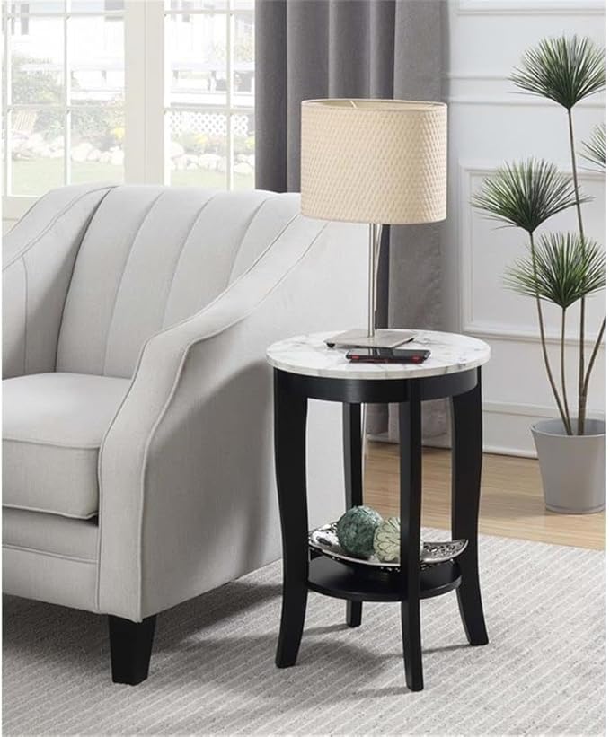 Convenience Concepts American Heritage Round End Table, White Faux Marble / Black