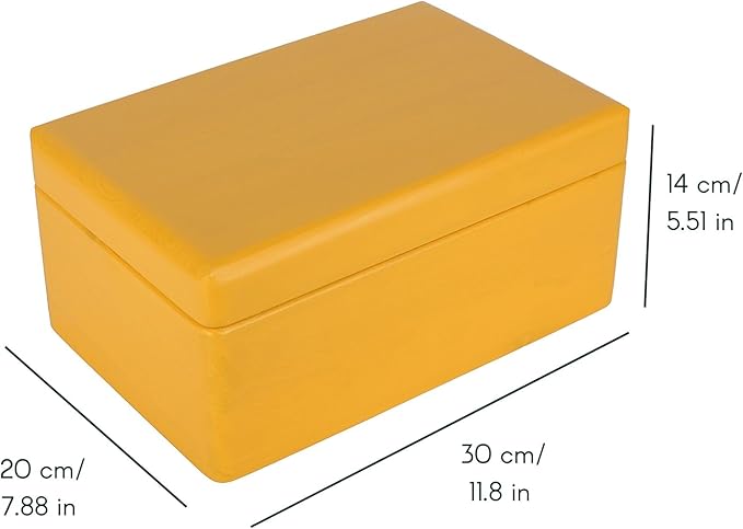 Large Yellow Wooden Box Storage with Hinged Lid | 11.8 x 7.87 x 5.51 inches (+-0.5) | Gift Box for Tool Dog Toy Shoes Clothes Kitchen Storage | Wood Keepsake Chest