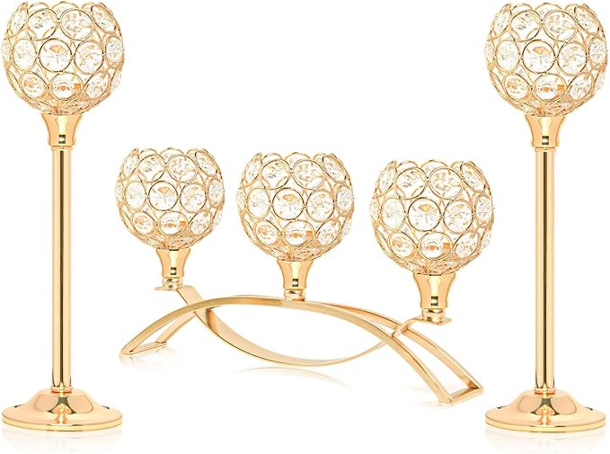 Crystal Tealight Candle Holder Centerpiece Home Decorative Candlestick Holder Elegant Table Centerpiece Home Decor Wedding Party Anniversary (Gold, Set of 3)