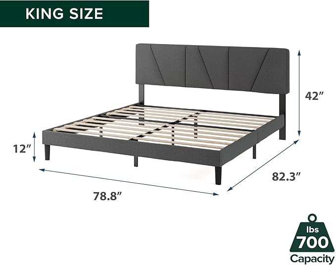 ZINUS King Maya Upholstered Bed Frame with Asymmetric Headboard, Durable Wooden Slats, Sturdy Framework, Noise Free Sleep, No Box Spring Needed, Easy Assembly, Eco Friendly Packaging, Dark Grey