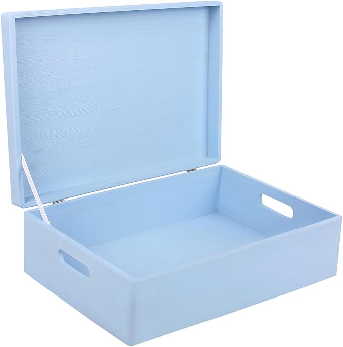 XL Blue Wooden Box Storage with Hinged Lid | 15.8 x 11.8 x 5.5 inches (+-0.5) | with Handles | Gift Box Storage Document | Product NOT Intended for 15 Years OR Below