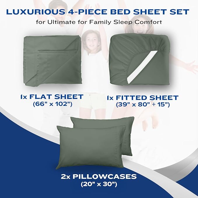 DREAMCARE Twin XL Sheets Set - 4 Pcs Cooling Bed Sheets with Up to 15" Deep Pockets - Soft, Long-Lasting 100% Brushed Polyester with Side Pocket (Sage Green)