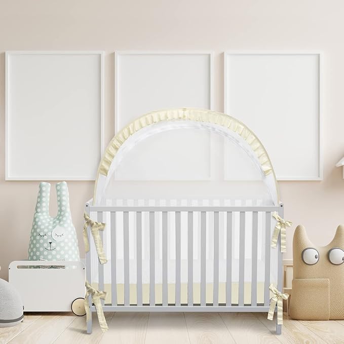 Baby Safety Crib Tent, Pop Up Canopy for Crib to Stop Baby from Climbing Out, Infant Mesh Cover Mosquito Net with Sturdy Frame & Soft Mesh, Beige, (R07-beige)