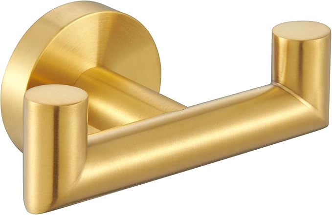 Angle Simple Bathroom Double Hook Brushed Gold, SUS304 Stainless Steel Bath Towel Holder, Double Robe Hanger Wall Mount