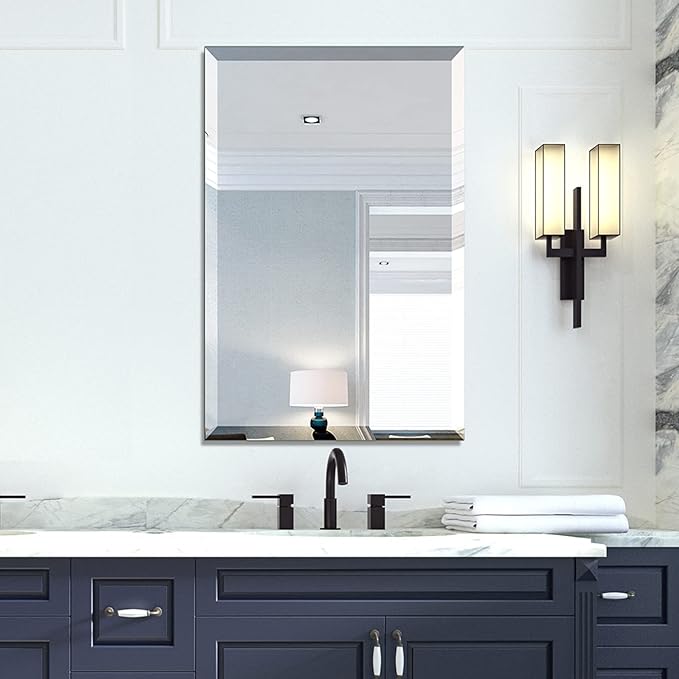 Mirrorons Beveled Mirror, Bathroom Mirrors for Wall 24" x 36", Frameless Rectangle Bathroom Mirror with Beveled Edge, Hangs Horizontally or Vertically, Upgraded Packing
