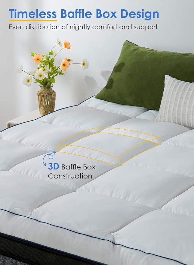QUEEN ROSE Mattress Topper Twin Size, Pillow Top Extra Thick Mattress Pad, Soft Baffle Box Overfilled Down Alternative for Back Pain, 4 Corner Straps, White