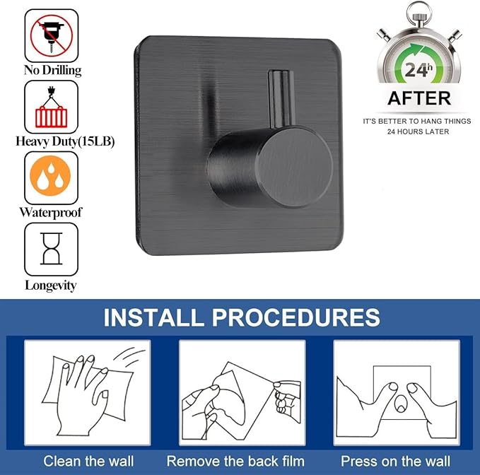 Black Adhesive Towel Hooks Heavy Duty Stick on Wall Hooks Shower Hooks for Bathroom Kitchen Door-4 Packs