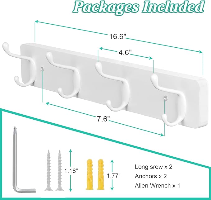 Heavy Duty Coat Rack Wall Mount - White Coat Hooks Wall Mounted for Sunglasses Jackets Hats Purse Dog Leashes Towels - Coat Hanger for Entryway Closet Mudroom Laundry Room Bathroom