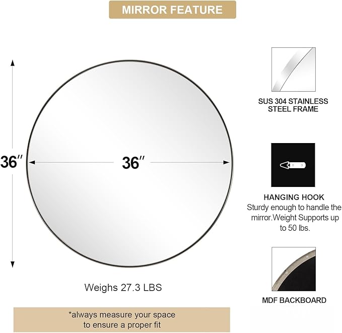 ANDY STAR 36" Chrome Round Mirror, Round Chrome Mirror, Polished Silver Large Vanity Mirror Metal Framed for Living Room, Dining Room, Fireplace