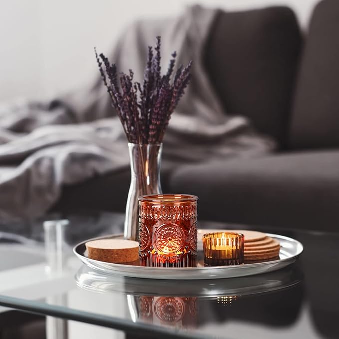 Amber Votive Candle Holder Set of 12, Glass Tea Lights Candle Holders for Home Table Centerpiece, Dinner Parties, Weddings Decor