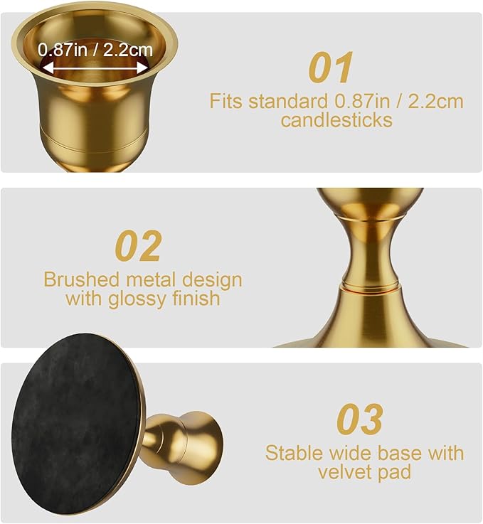 Brass Gold Taper Candle Holders Set of 3, Vintage Metal Candlestick Holders for Dinner Room Table Centerpiece or Mantel Wedding Party Decor