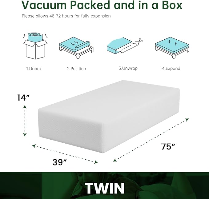 BestMassage | 14 Inch Twin Mattress | Gel Memory Foam | Medium Firm Feel | White | Bed in a Box, CertiPUR-US Certified | Pressure Relief, Cooling Ventilated Foam | Breathable Knit Cover