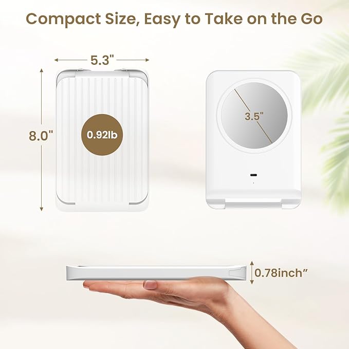 Travel Makeup Mirror with Lights, Foldable 1X Vanity Lighted Mirror with 10X Magnification, Rechargeable 1500mAh, Dimmable Touch Screen, Freely Adjust Height and Angle