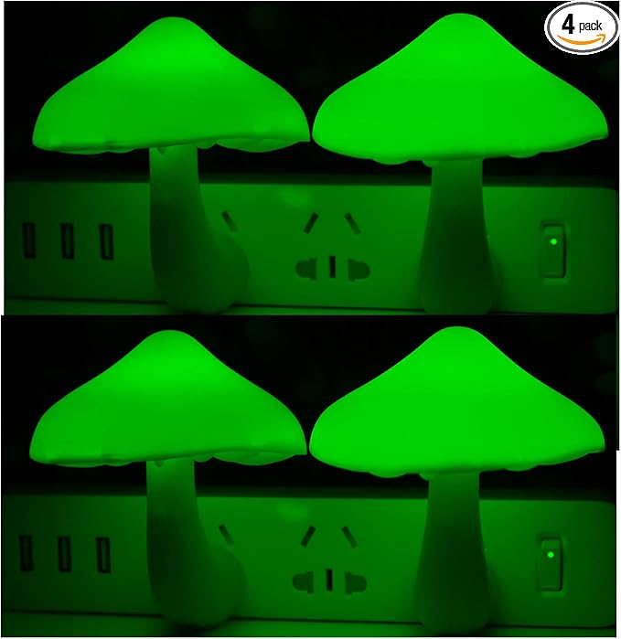 AUSAYE 4 Pack Plug in Night Light, Mushroom Light LED Nightlights for Kids, Adults, Bedroom, Bathroom,Hallway, Stairs, Kitchen Green