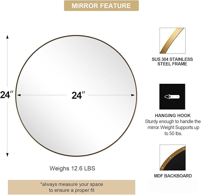 ANDY STAR Gold Round Mirror, 24’’ Brushed Gold Circle Bathroom Mirrors in Stainless Steel Metal Frame 1" Deep Set Design