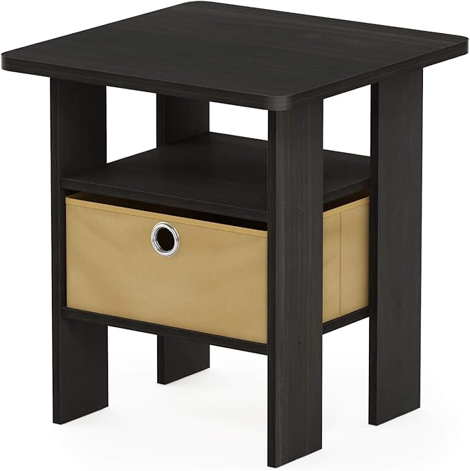 Furinno ANDREY Side Table, End Table, Night Stand with Open Shelves and Storage Bin, Bedside Table, for Living Room, Bedroom, Espresso