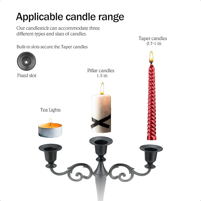 Brass Candle Holder，5 Wicks Metal Candle Holders for Taper Candles（10.6 inch Tall Candelabra, for 1/2-1 inch Pillar Candles Diameter Each）,Centerpiece Elegant Decoration Piece for Table