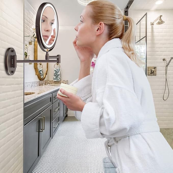 Rocollos Rechargeable Wall Mounted Lighted Makeup Mirror, 8 Inch Double-Sided LED Vanity Mirror 1X/10X Magnification,3 Color Lights Touch Screen Dimmable 360°Swivel 13 Inch Extendable