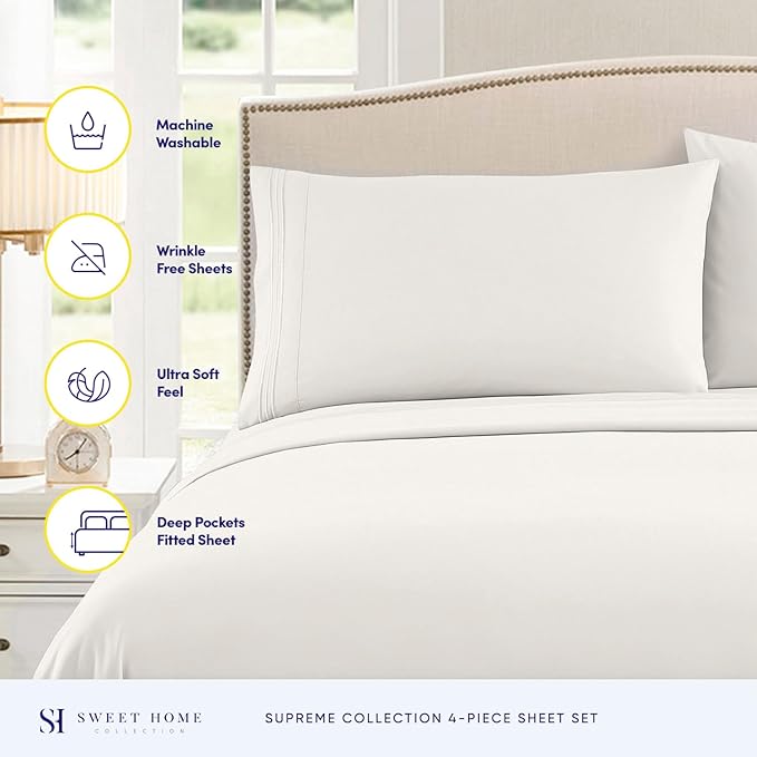 Queen Size Bed Sheets - Breathable Luxury Sheets with Full Elastic & Secure Corner Straps Built In - 1800 Supreme Collection Extra Soft Deep Pocket Bedding Set, Sheet Set, Queen, Ivory