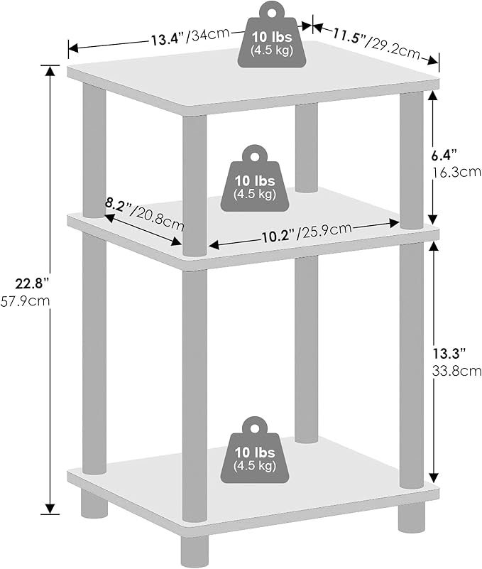 Furinno JUST Side Table, 3-Tier End Table, Open Shelves Night Stand, Bedside Table, Toolless Assembly, for Living Room, Bedroom, Bathroom, White