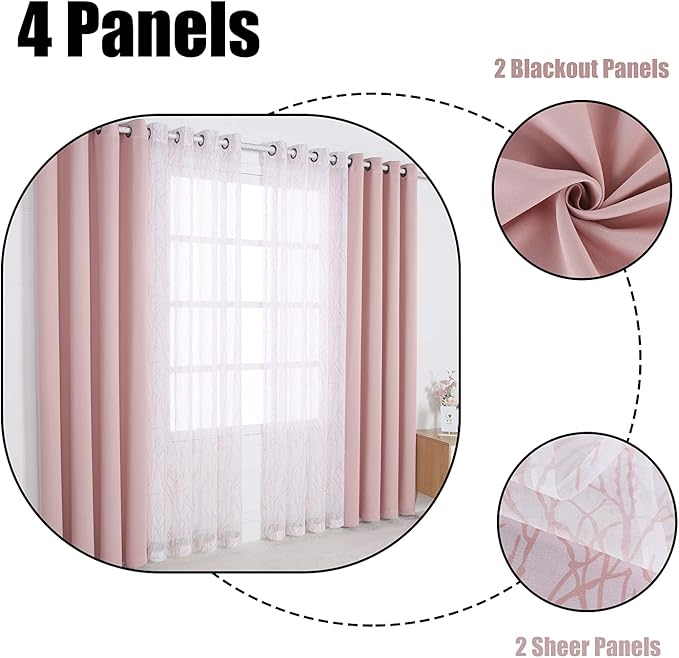 BONZER Mix and Match Curtains - 2 Pieces Branch Print Sheer Curtains and 2 Pieces Blackout Curtains for Bedroom Living Room Grommet Window Drapes, 54x84 Inch/Panel, Blush, Set of 4 Panels