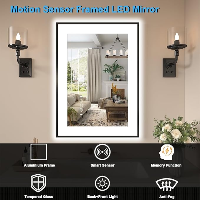 20 x 28 Inch LED Bathroom Mirror with Lights, Front & Back Lit Mirrors for Bathroom Wall Mount, Aluminum Black Frame Decor, Anti-Fog, Dimmable 3 Colors, Shatter-Proof Tempered Glass, Motion Sensor