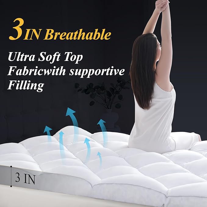 DOWNCOOL 3 Inch Full Mattress Topper, Ultra Thick and Fluffy Supportive Memory Foam Mattress Topper for Body Pain, Mattress Pad with Breathable Mesh Design for Deep Sleep, 75x54x3 Inches