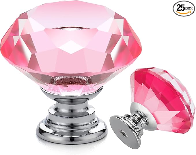 Ravinte 25 Pack Pink Crystal Knobs for Dresser Drawers - 30 mm Glass Cabinet Diamond Shaped Knobs with Silver Base